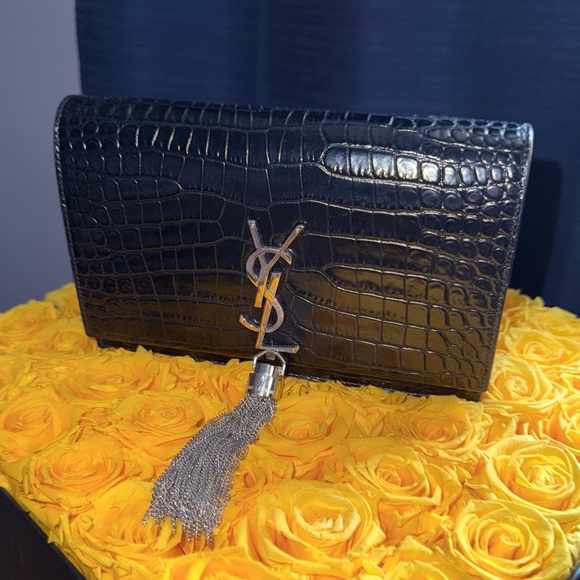 YSL Crocodile Kate Bag Black Croc-Embossed Tassel Clutch Chain Strap - Picture 1 of 7